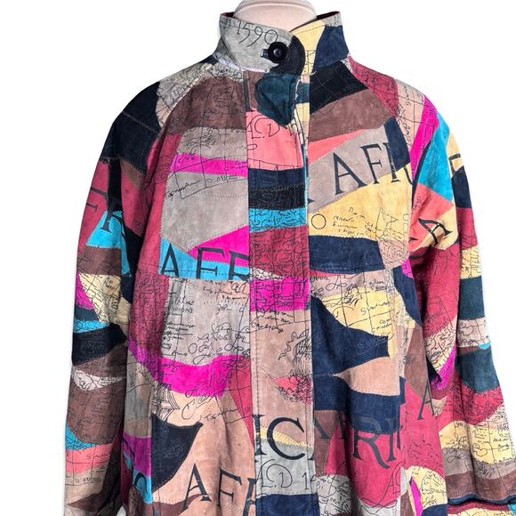 Vintage African Star Suede Leather Coat Map Print Oversized Long Jacket Boho - Picture 2 of 15